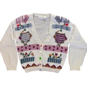 Vintage 90s Grandmacore Grandma Cardigan Embroidered Cottage Core Flower Quirky